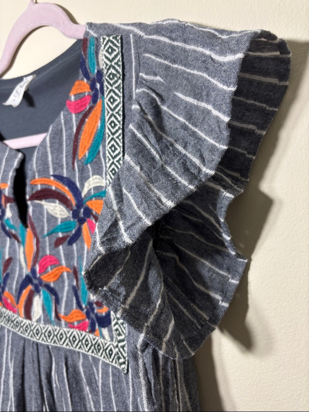 Striped Embroidered Mini Dress - Gray with Multicolor Floral Yoke - Picture 5 of 5